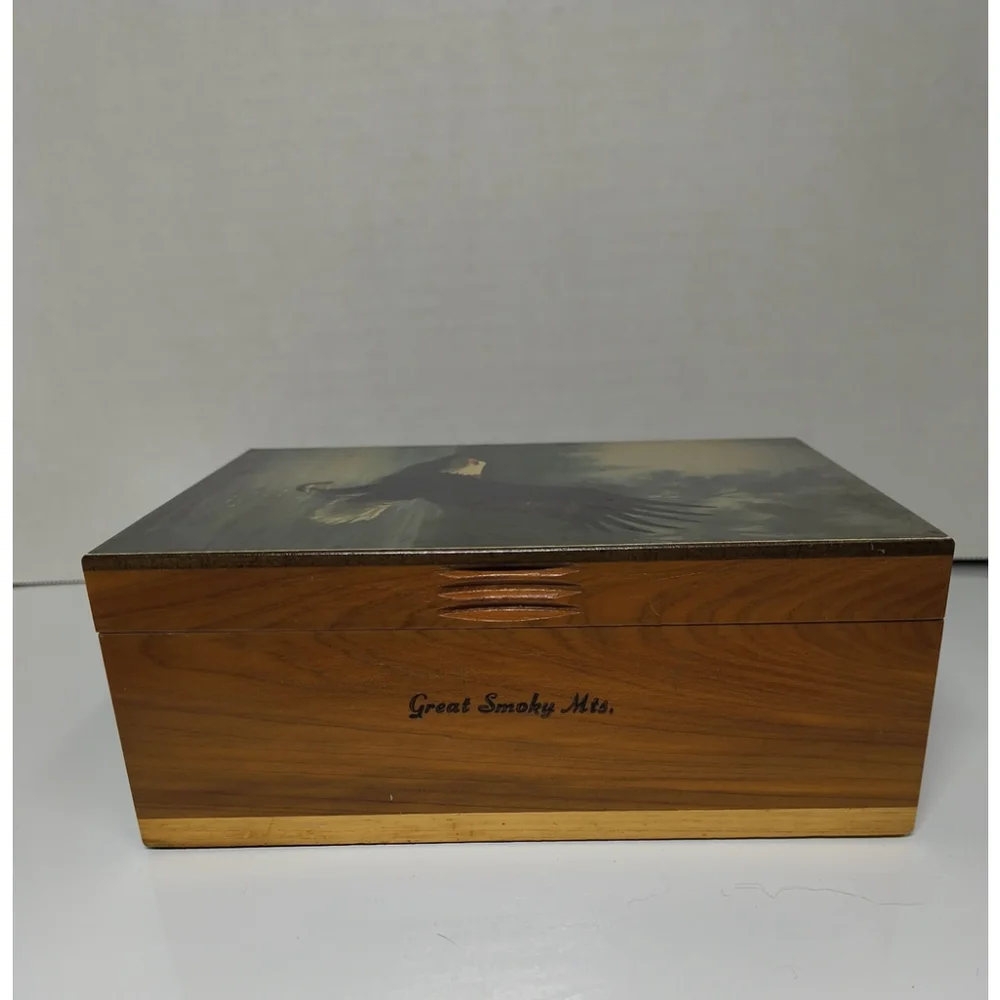 Vintage Wooden Jewelry Trinket Box Bald Eagle Great Smoky‎ Mountains Souvenir